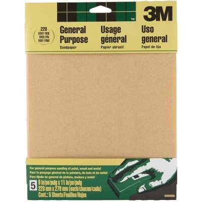 3M 9 In. x 11 In. General Purpose Very Fine Sandpaper, 220 Grit (5-Pack)